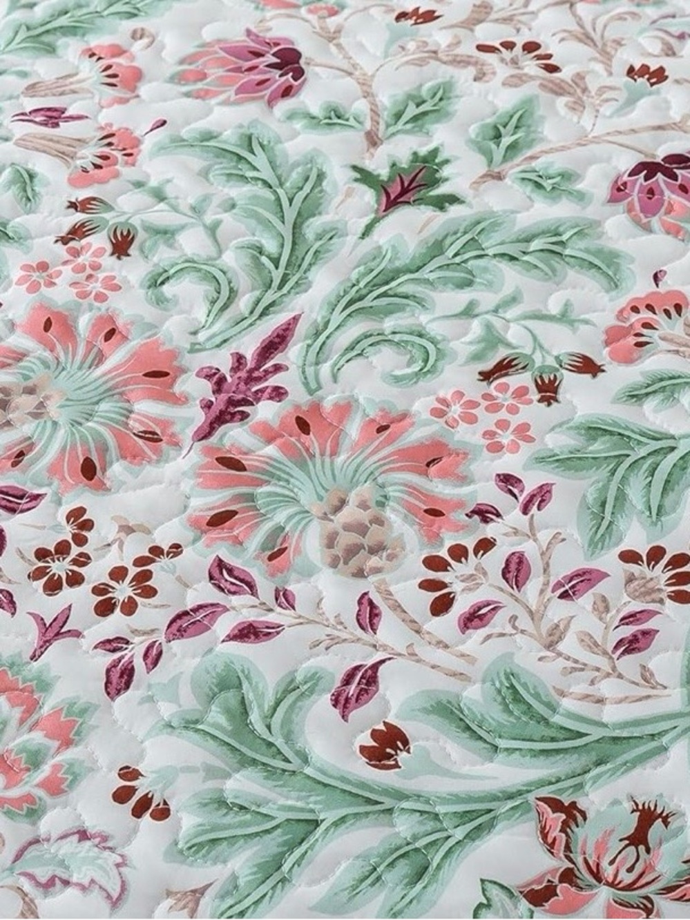 NEW Anthro Green & Pink Floral Reversible Boho Queen King Bedding Quilt Sham Set - Picture 6 of 10